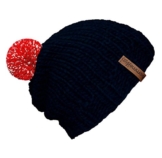 bommelME "Beanie Handmade" Handgestrickte Bommelmütze mit reflektierendem Wechselbommel, Strickmütze aus Merino Wolle mit abnehmbarem Bommel, Mütze: Dunkelblau / Bommel: Rot reflect -