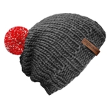 bommelME "Beanie Handmade" Handgestrickte Bommelmütze mit reflektierendem Wechselbommel, Strickmütze aus Merino Wolle mit abnehmbarem Bommel, Mütze: Grau / Bommel: Rot reflect -