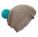 bommelME "Beanie Handmade" Handgestrickte Bommelmütze mit Wechselbommel, Strickmütze aus Merino Wolle mit abnehmbarem Bommel, Mütze: Sand / Bommel: Türkis -