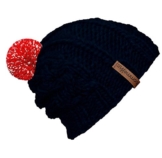 bommelME "Beanie Handmade Zopf" Handgestrickte Bommelmütze mit reflektierendem Wechselbommel, Strickmütze aus Merino Wolle mit abnehmbarem Bommel, Mütze: Dunkelblau / Bommel: Rot reflect -