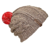 bommelME "Beanie Handmade Zopf" Handgestrickte Bommelmütze mit reflektierendem Wechselbommel, Strickmütze aus Merino Wolle mit abnehmbarem Bommel, Mütze: Sand / Bommel: Rot reflect -