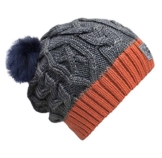 Bommelmütze Beanie No.3 Grau-Orange mit Zopfmuster und 2 auswechselbaren Kunstpelz Bommeln in Blau + Braun -