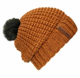 Bommelmütze Beanie No.4 karamell braun mit Rippenmuster, Lederlabel und 2 auswechselbaren Kunstpelz Bommeln in Grün + Schwarzbraun -