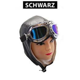 Cabriohaube Leder in Schwarz & Braun - Fliegermütze - Oldtimermütze + Panorama Brille (M, Schwarz) -