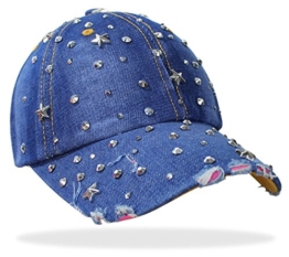 Damen Jeans Basecap Baseball Cap Mütze Kappe mit Sterne Strasssteinen und Glitzer - C019 (C019-Jeansblau) -