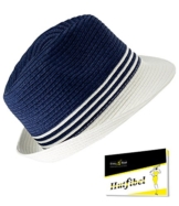 Damenbasthut Basthut Erntehut Gärtnerhut Sommerhut Trilby Fedora Sonnenhut unisex zweifarbig gestreift für Frauen (PT-EH-8624-S17-DA1-16-57/58) in Marine, Größe 57/58 inkl. EveryHead-Hutfibel -