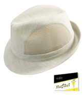 Fiebig Damenstoffhut Stoffhut Leinenhut Fedora Trilby Sommerhut Sonnenhut Urlaubshut Freizeithut mit Netzeinsatz für Frauen (FI-11084-S17-DA1-84-61) in Beige, Größe 61 inkl. EveryHead-Hutfibel -