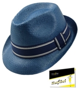 Fiebig Jungenpapierhut Papierhut Basthut Fedora Trilby Sommerhut Sonnenhut Urlaubshut Strand mit gestreiften Band für Kinder (FI-89286-S17-JU0-25-51) in Jeansblau, Größe 51 inkl. EveryHead-Hutfibel -