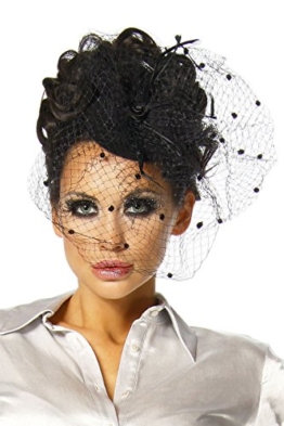 Haarschmuck mit Schleier für Kostüm Karneval Fasching oder Burlesque - an der Innenseite der Kappe mit 2 Haarklammern zu befestigen - Mini-Hut Fascinator A12145, Größe:onesize;Farbe:schwarz -