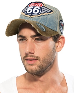 ililily Route 66 Flügellogo aufgenäht Denim Mesh Snapback Baseball Cap (Medium, Light Blue/Leather) -