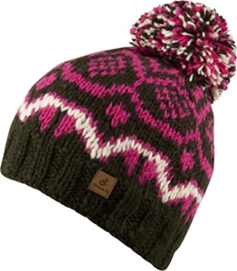 IRINA-Strick Mütze mit Innenfleece Unisex Strickmütze mit trendigen Muster und Bommel-handmade in Nepal-100% Wolle (forest/pink) -