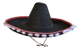 Schwarzer Mexikaner Sombrero mit Kordel und weißen Bommeln - 55cm -